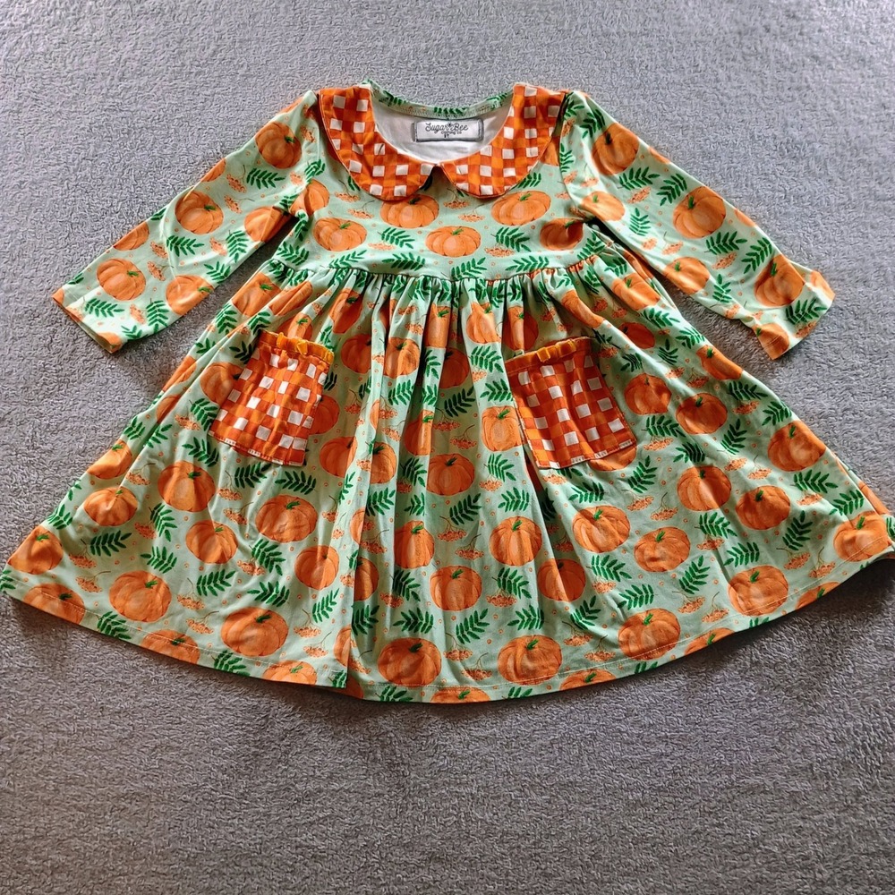 Sugar Bee Girls Pumpkin Print Dress Orange Gingham 3T Peter Pan Collar